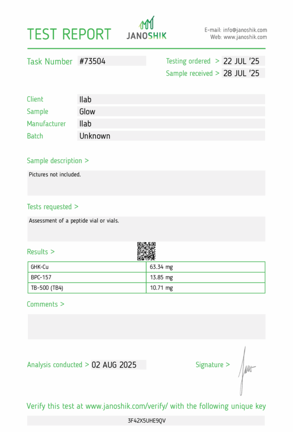 GLOW Protocol 70 mg [10MG BPC157 – 50MG GHK-CU – 10MG TB-500] - Total skin renewal and healing ( Quantitative and qualitative analysis second image) - Image 3