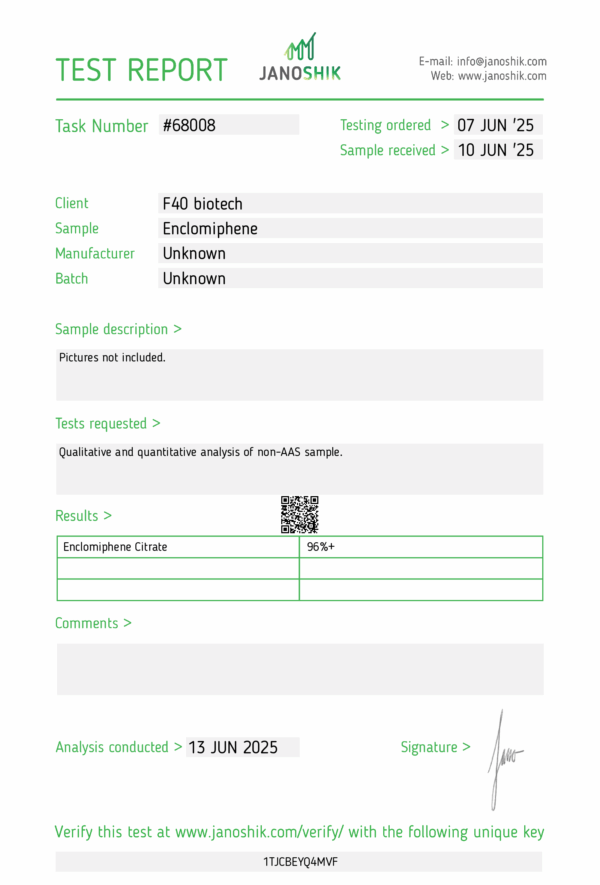 ENCLOMIPHENE 12.5MG – Qty 50 - F40-Biotech Germany (Qualitative and quantitative analysis second image) - Image 2