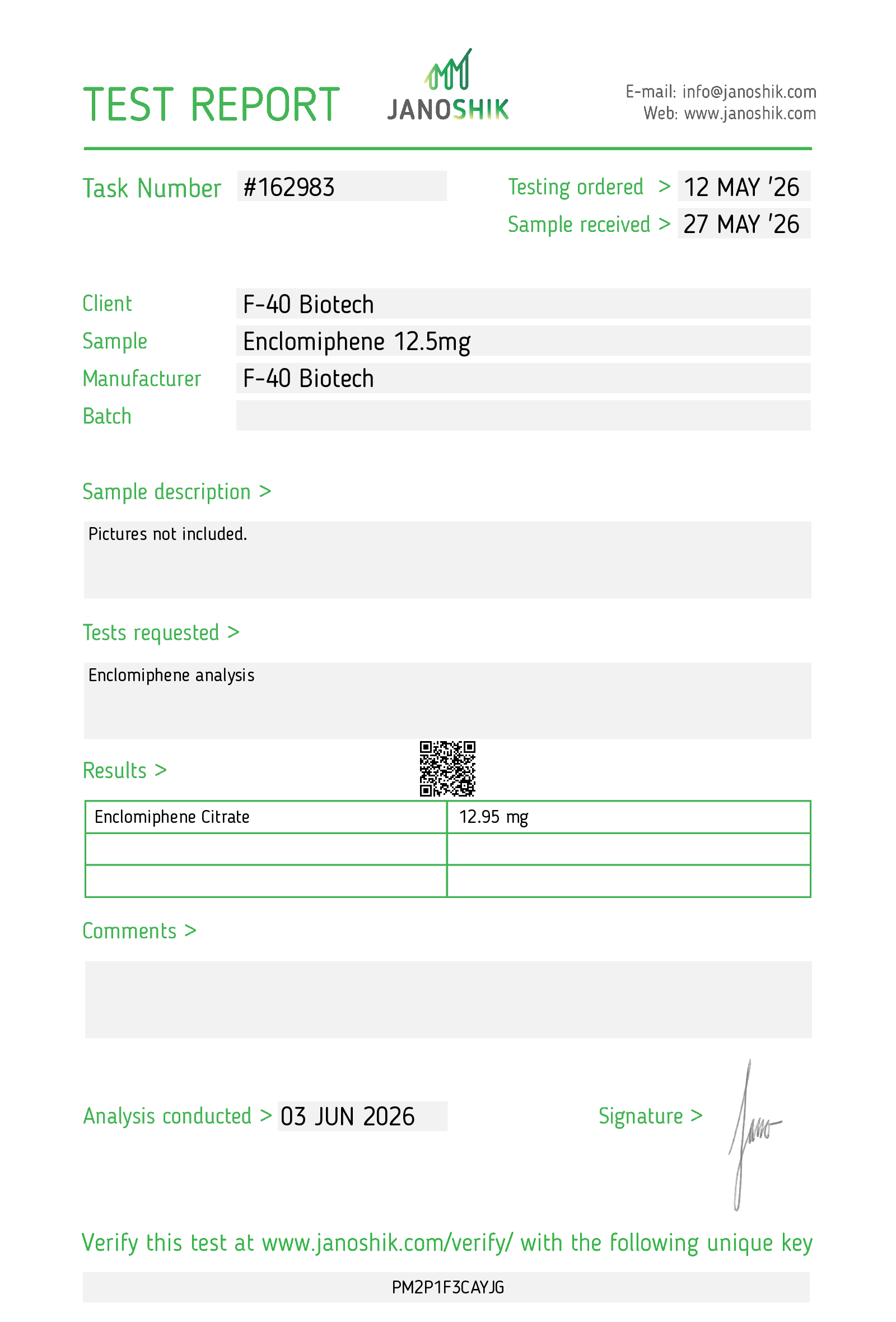 Test Report 162983 Enclomiphene Citrate TEST BOOSTER 12.5MG - Qty 50 - F40-Biotech Germany (Qualitative and quantitative analysis second image) -NO Zuclomiphene - NO Clomid - Image 3