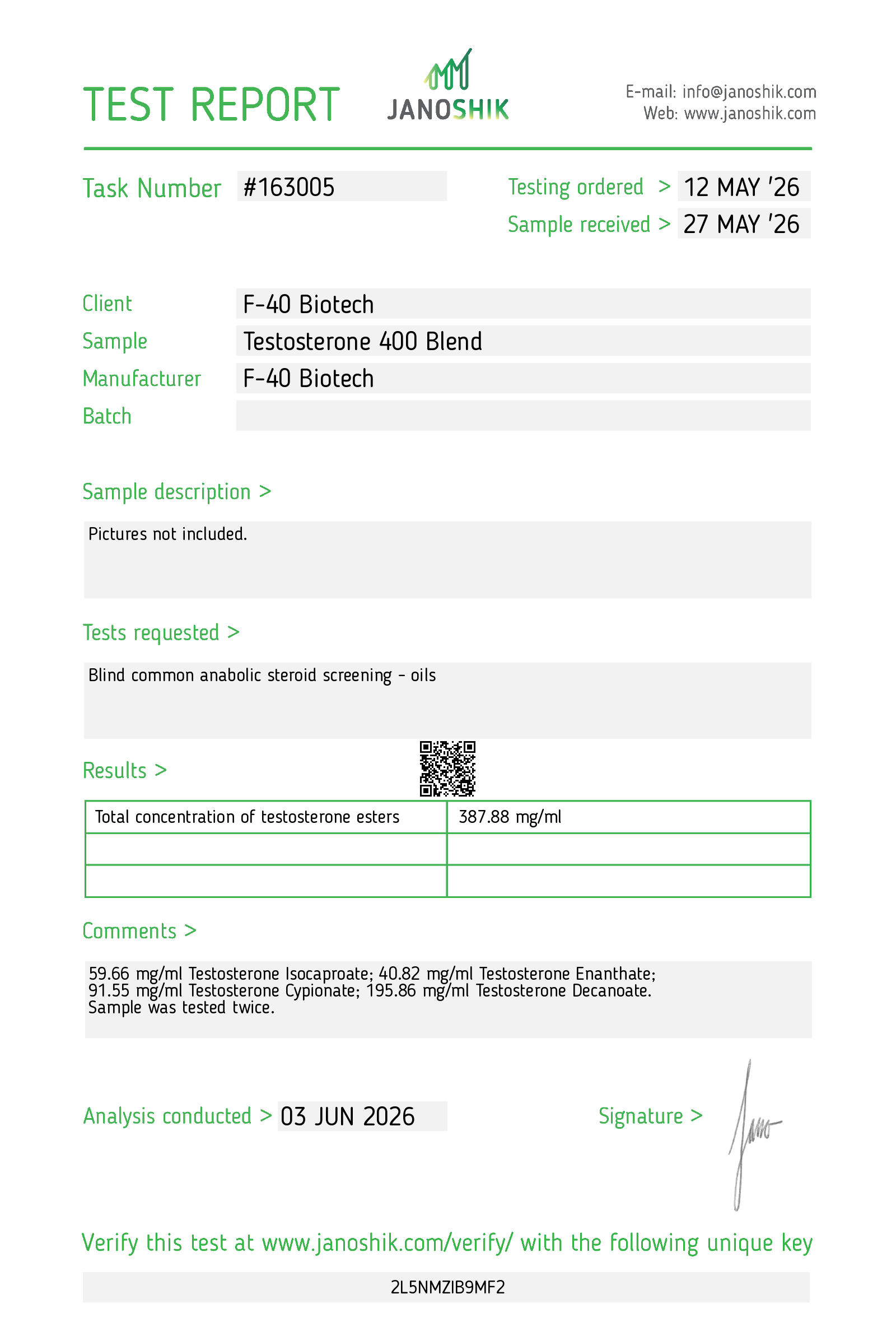 Test Report 163005 Testosterone 400 BULKING BLEND MCT- Tested @ 411.72 mg total per ml - F-40 Biotech Injectables Germany (Qualitative and quantitative analysis second image) 10mL 400mg/mL - price increase due to shortages in market - Image 3