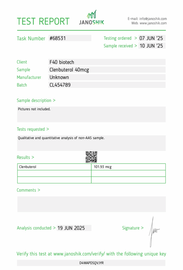 CLENBUTEROL 80MCG x 50 – F-40 BIOTECH GERMANY [STRONG BATCH] (Qualitative and quantitative analysis second image) - Image 2
