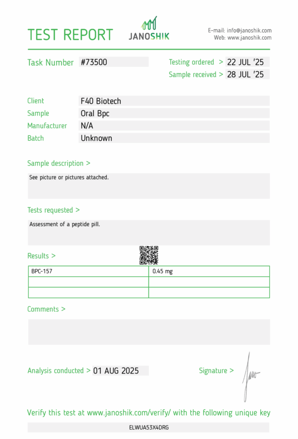 BPC-157 ARG - 500mcg x 50 Tablets (Certificate of Analysis, Second Image) - F40 Biotech Germany - Image 2
