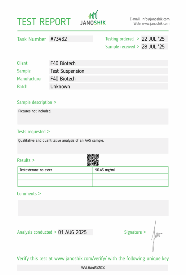 Test S100 100mg/mL (Testosterone Suspension) - F40 Biotech Injectables Germany [lab testing = 2nd Photo] - Image 2
