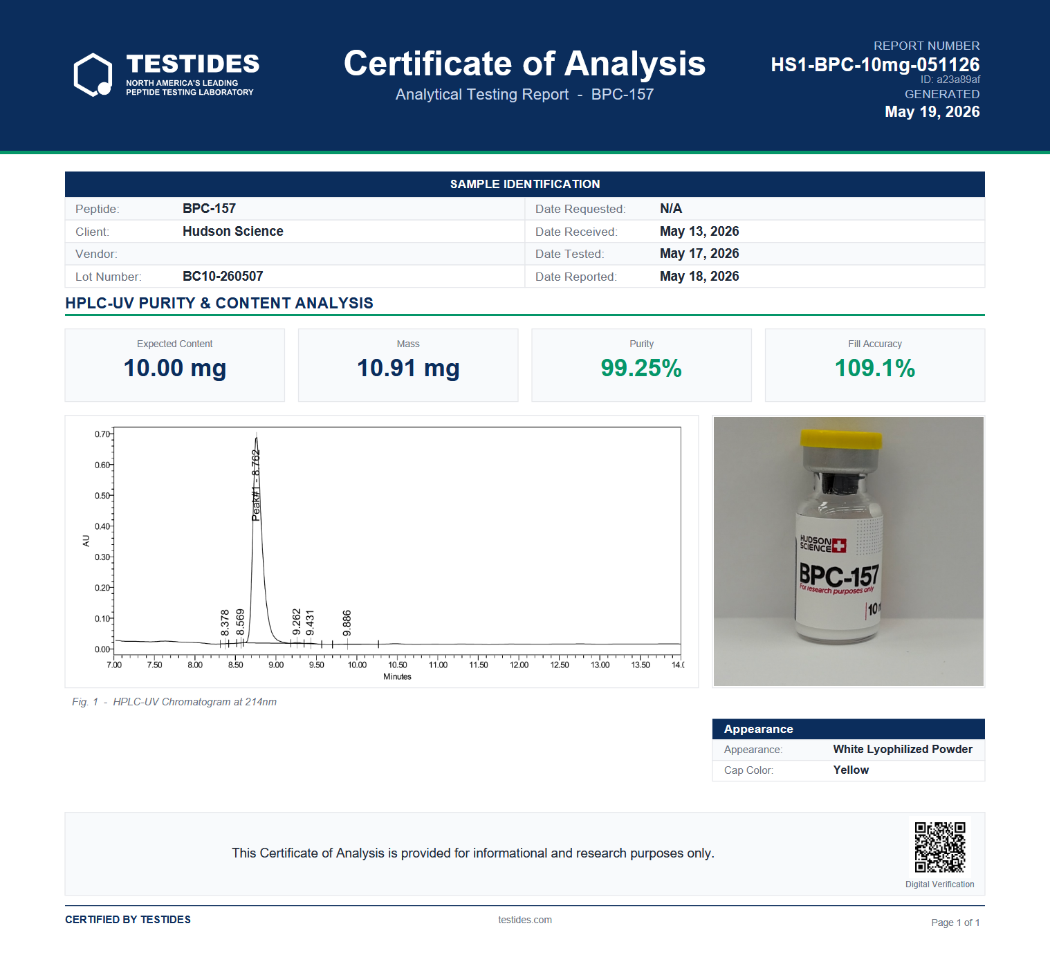 BPC 10 10.91MG BC10 260507 BPC-157 10mg - Rapid tissue healing and recovery (Certificate of Analysis, Second Image) - Image 4