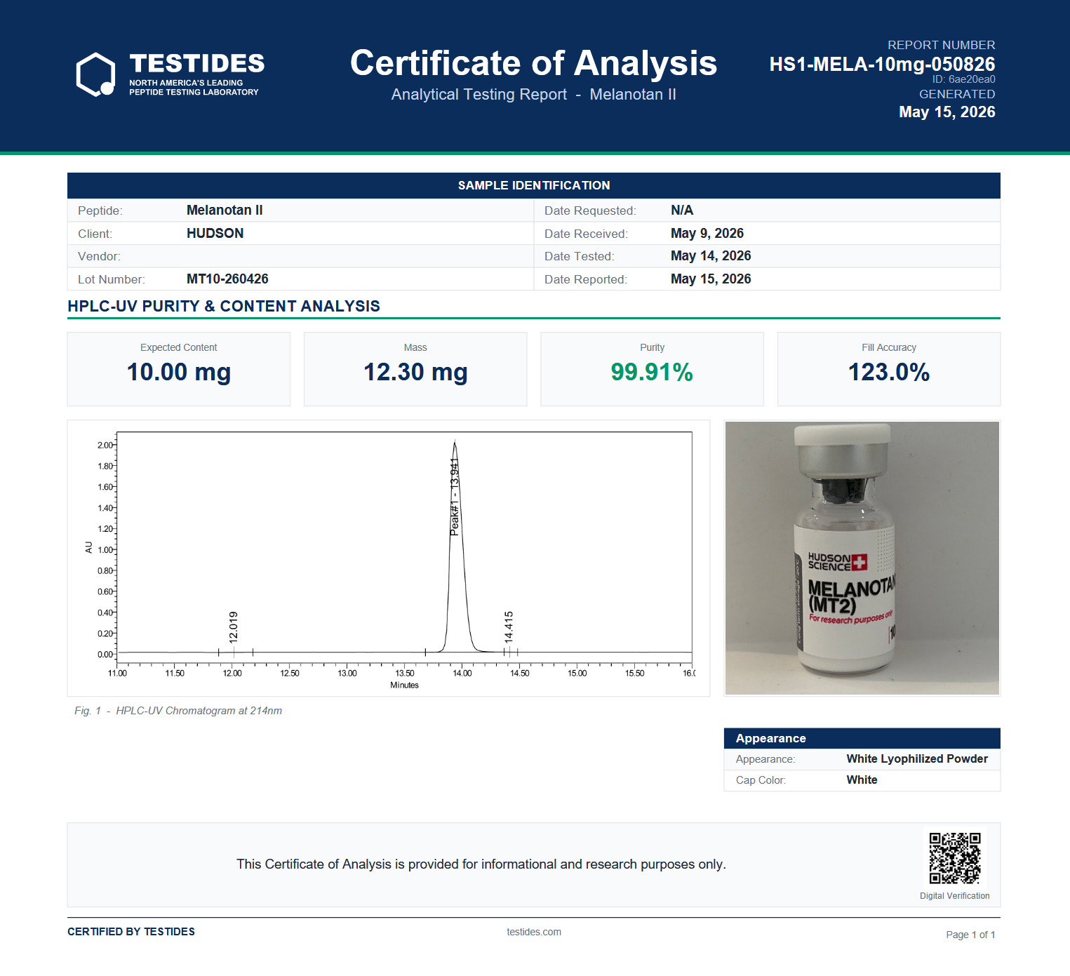MT2 10 MT10 260426 99.91 12.3MG MELANOTAN II 10mg - Skin Tanning + Libido boost (Qualitative and quantitative analysis second image) - Image 4